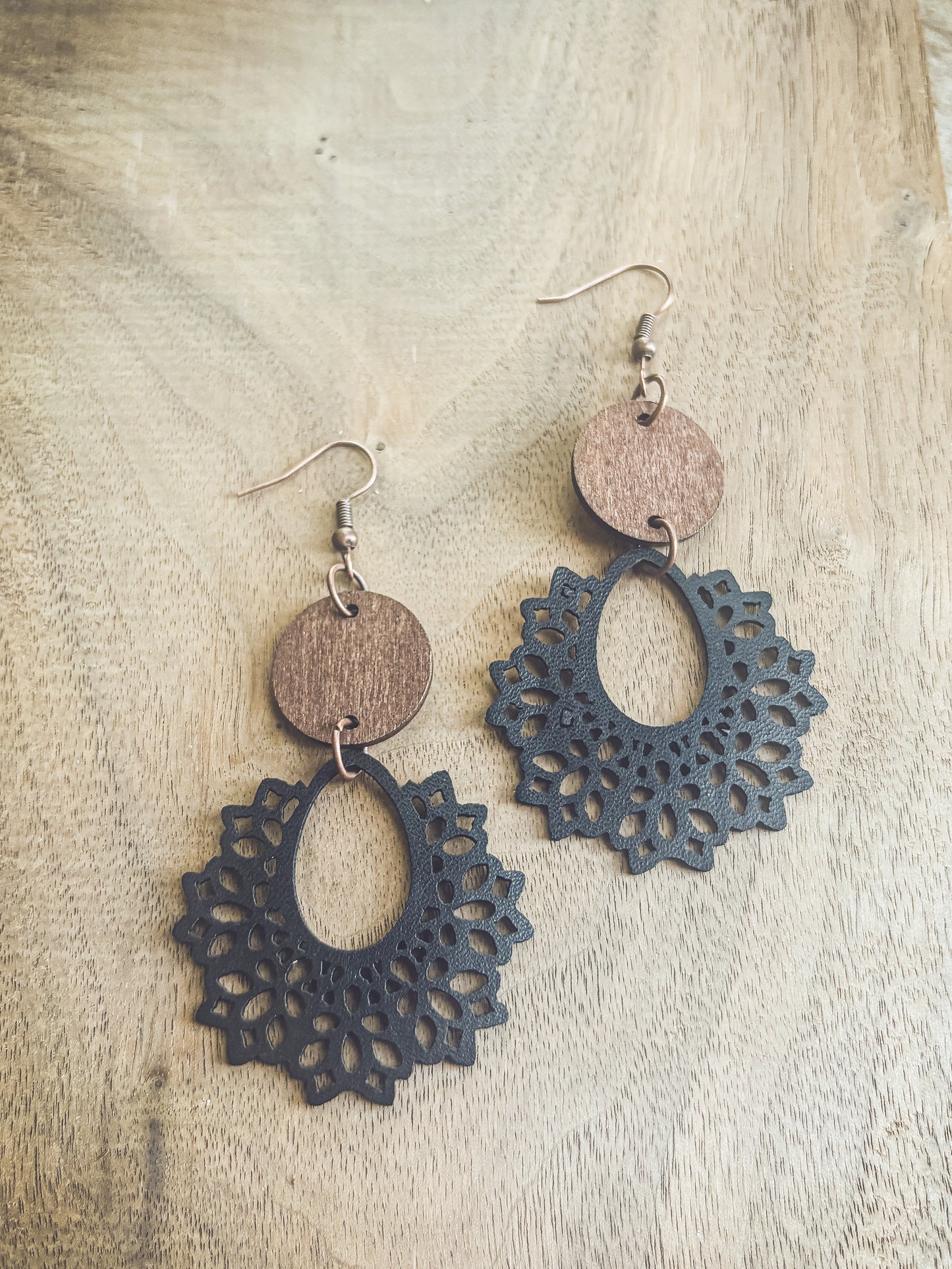 Beautiful Black Leather and Wood Earrings