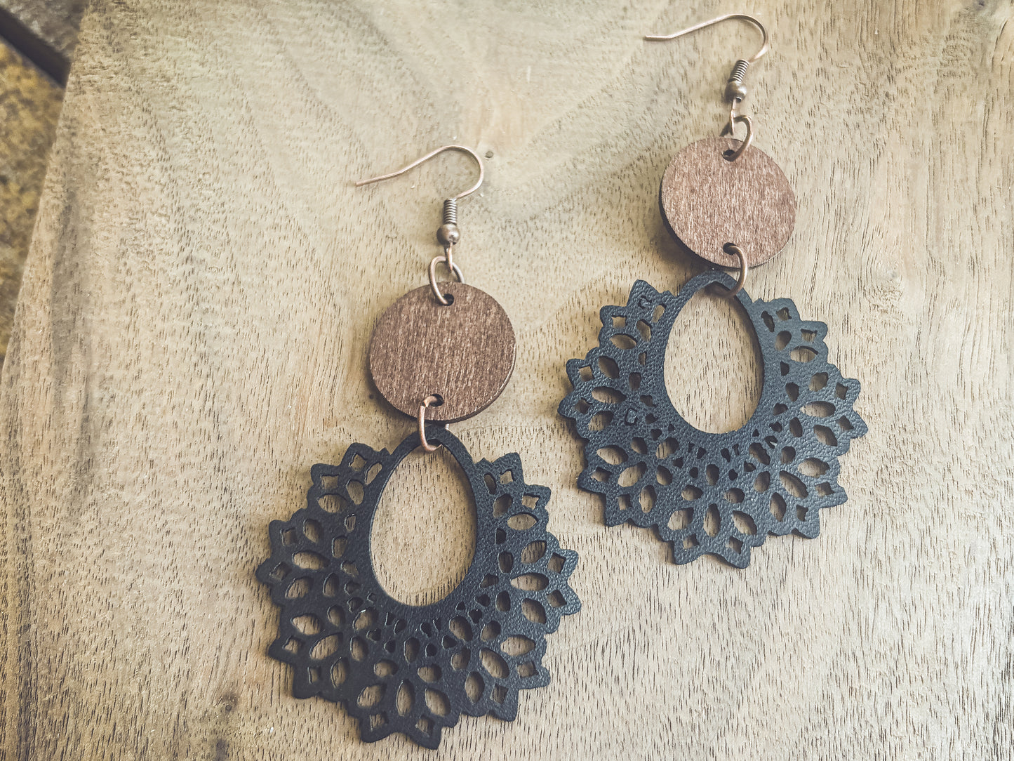 Beautiful Black Leather and Wood Earrings