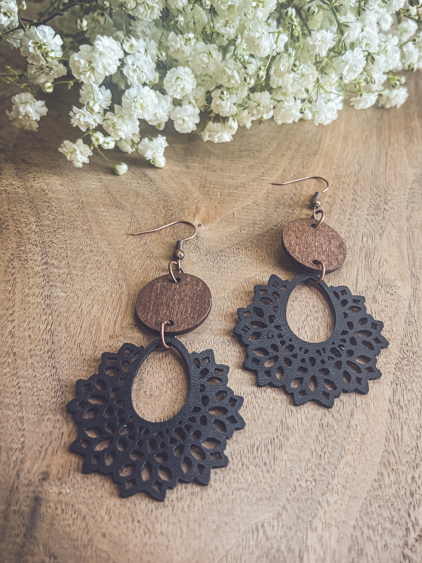 Beautiful Black Leather and Wood Earrings