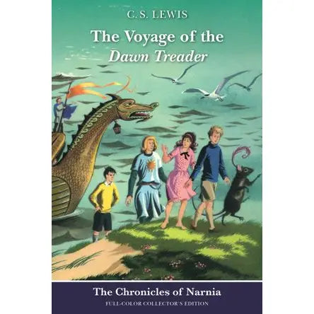 Book cover illustration for C.S. Lewis's The Voyage of the Dawn Treader featuring Lucy in a pink dress, Edmund in a blue sweater, Eustace in a yellow shirt, and the mouse Reepicheep standing on a lush green shore with the magnificent golden dragon-headed ship Dawn Treader in the teal sea under a sky with flying seagulls