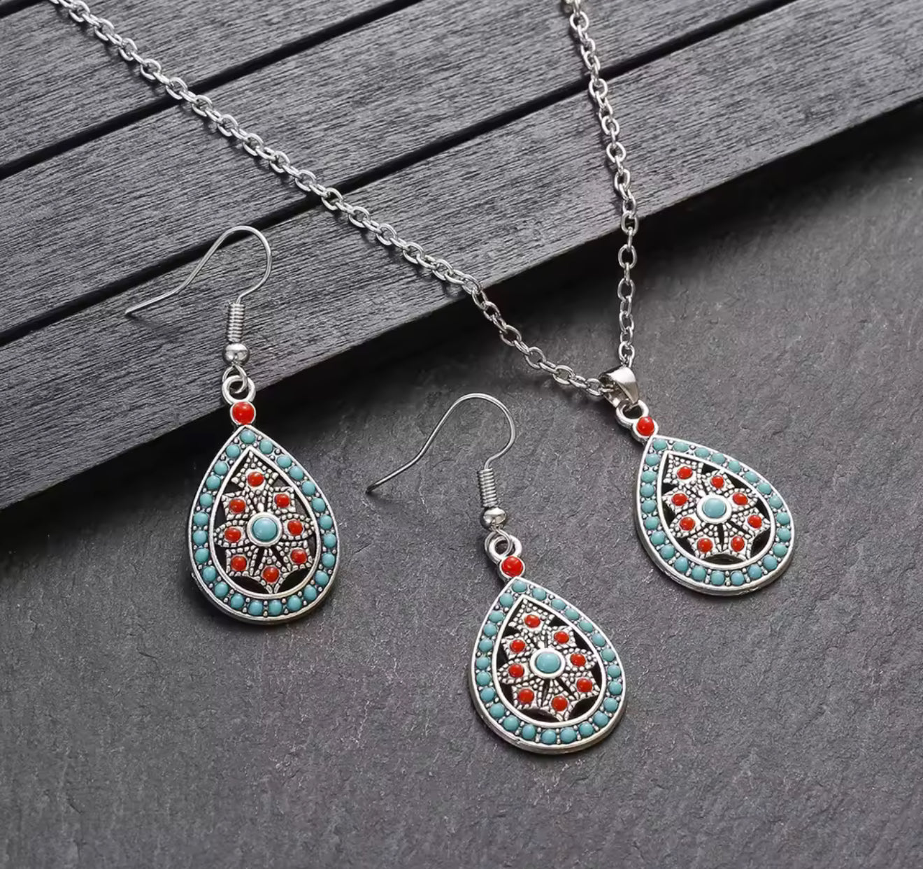 Beautiful Boho Turquoise and Red Necklace and Earring Set