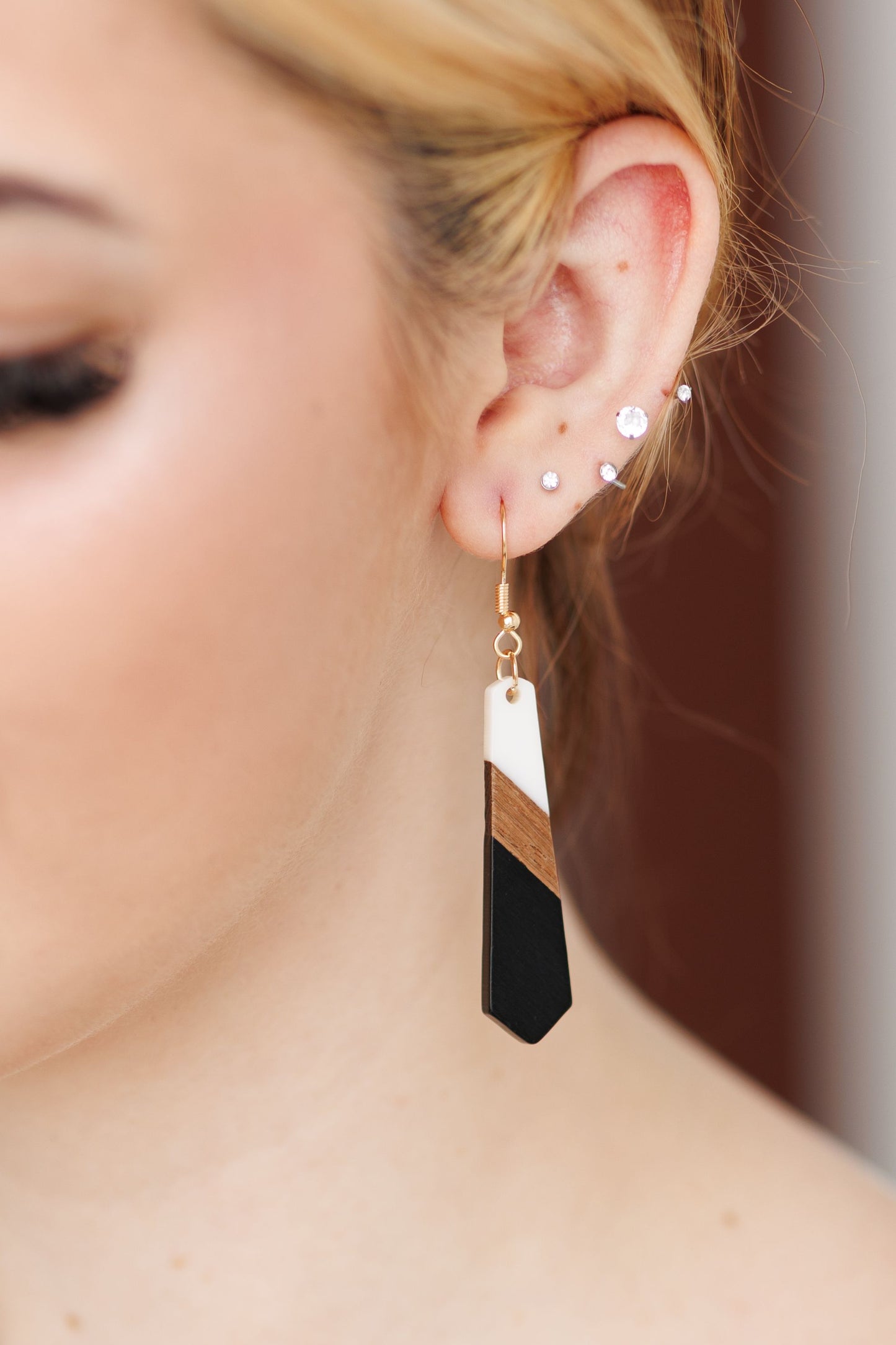 Beautiful Slim Black and White Resin Wood Earrings