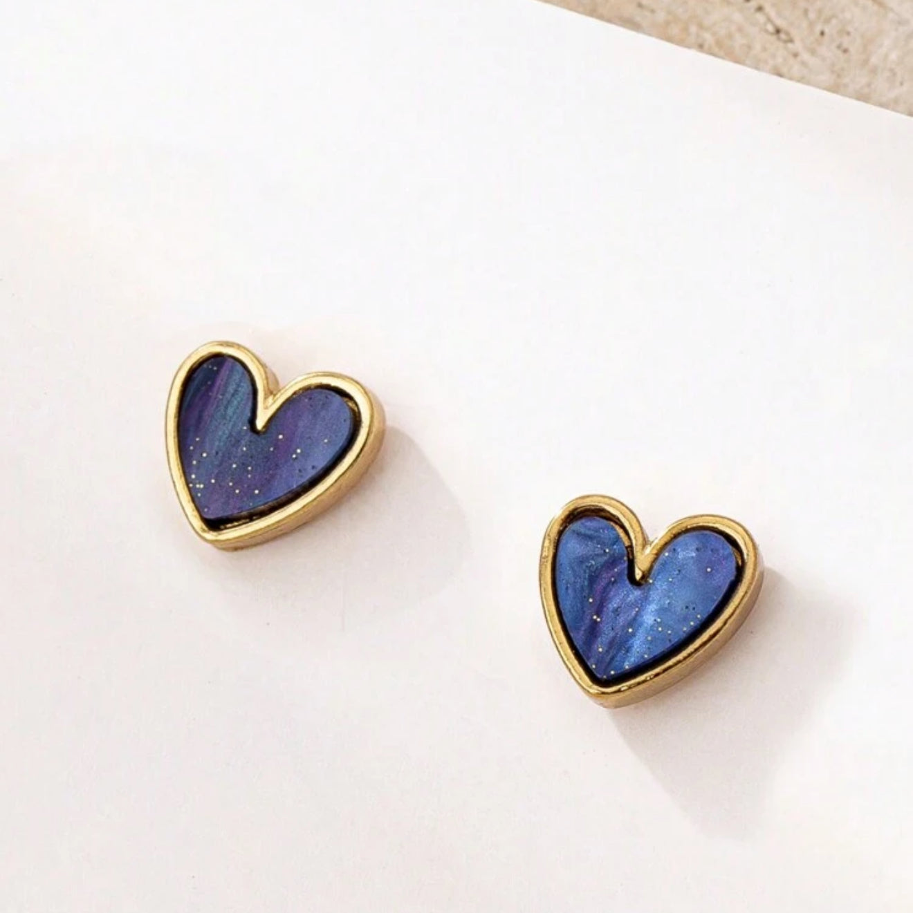 Adorable Gold and Blue Heart Stud Earrings