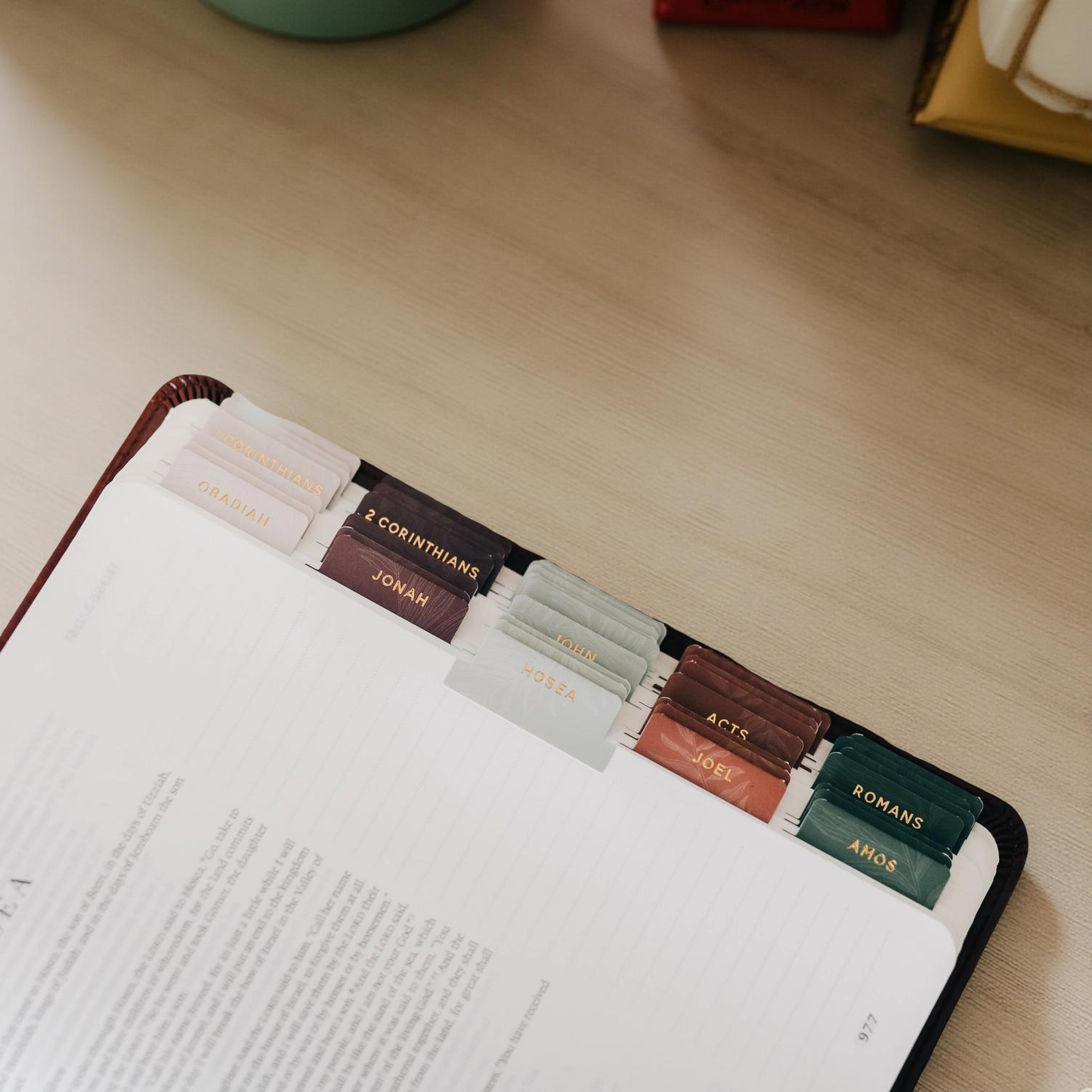 An open Bible with varied colorful index tabs including pink, brown, mint green, rust, and dark green, featuring gold lettering for books like Obadiah, Jonah, 2 Corinthians, and Hosea, resting on a light wooden desk