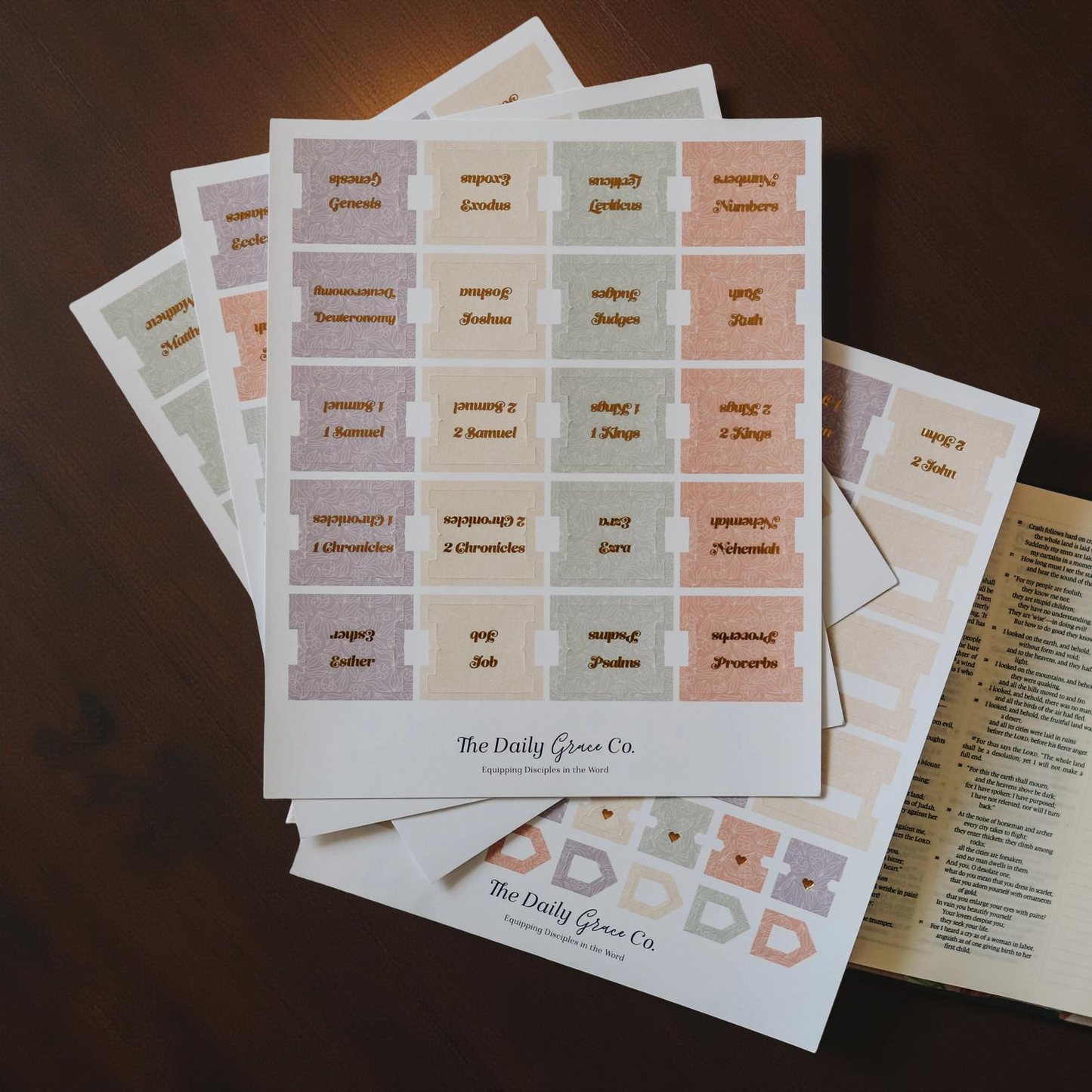 The Daily Grace Co print featuring stacks of lavender peach and light gray Bible book tabs with floral designs and book names like Genesis and Psalms laid on a dark wooden surface next to an open Bible and alphabet heart stickers