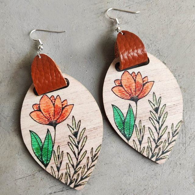 Beautiful Wood and Leather with Painted Peach Flower Drop Earrings