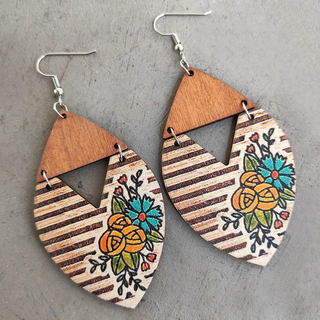 Beautiful Wood Striped Floral Earrings