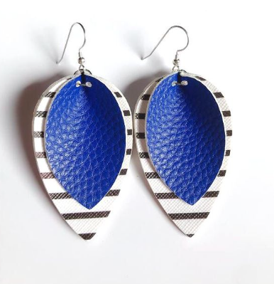 Blue Striped Leather Drop Earrings