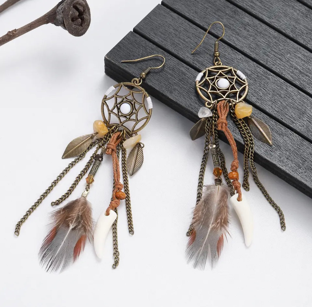 Beautiful Bohemian Dream Catcher Feather Earrings