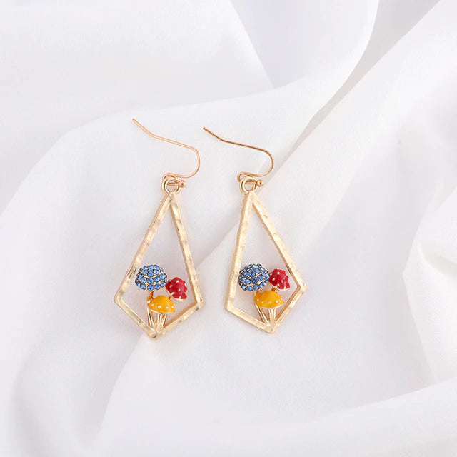 Beautiful Gold and Crystal Boho Mushroom Earrings