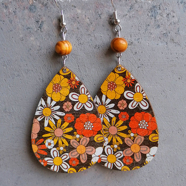 Fun Retro Flower Wood Floral Drop Earrings