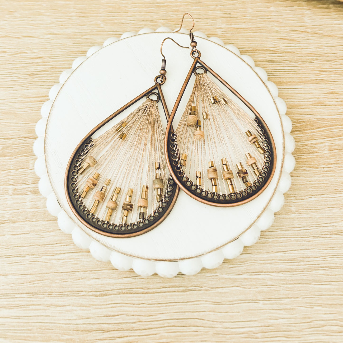 Large String and Wood Drop Earrings