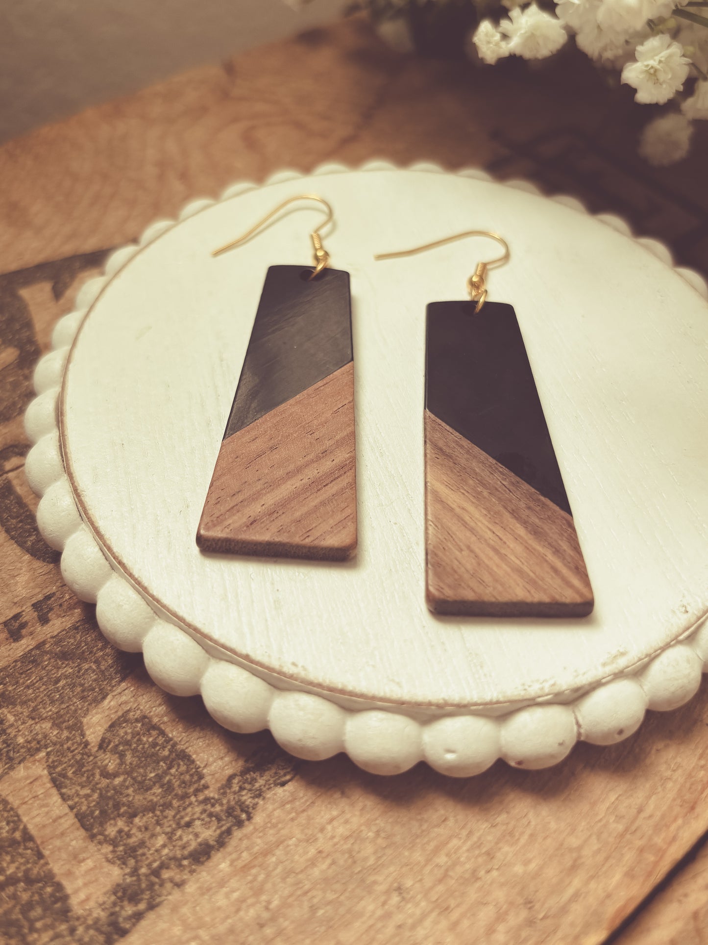 Beautiful Black Resin and Wood Earrings