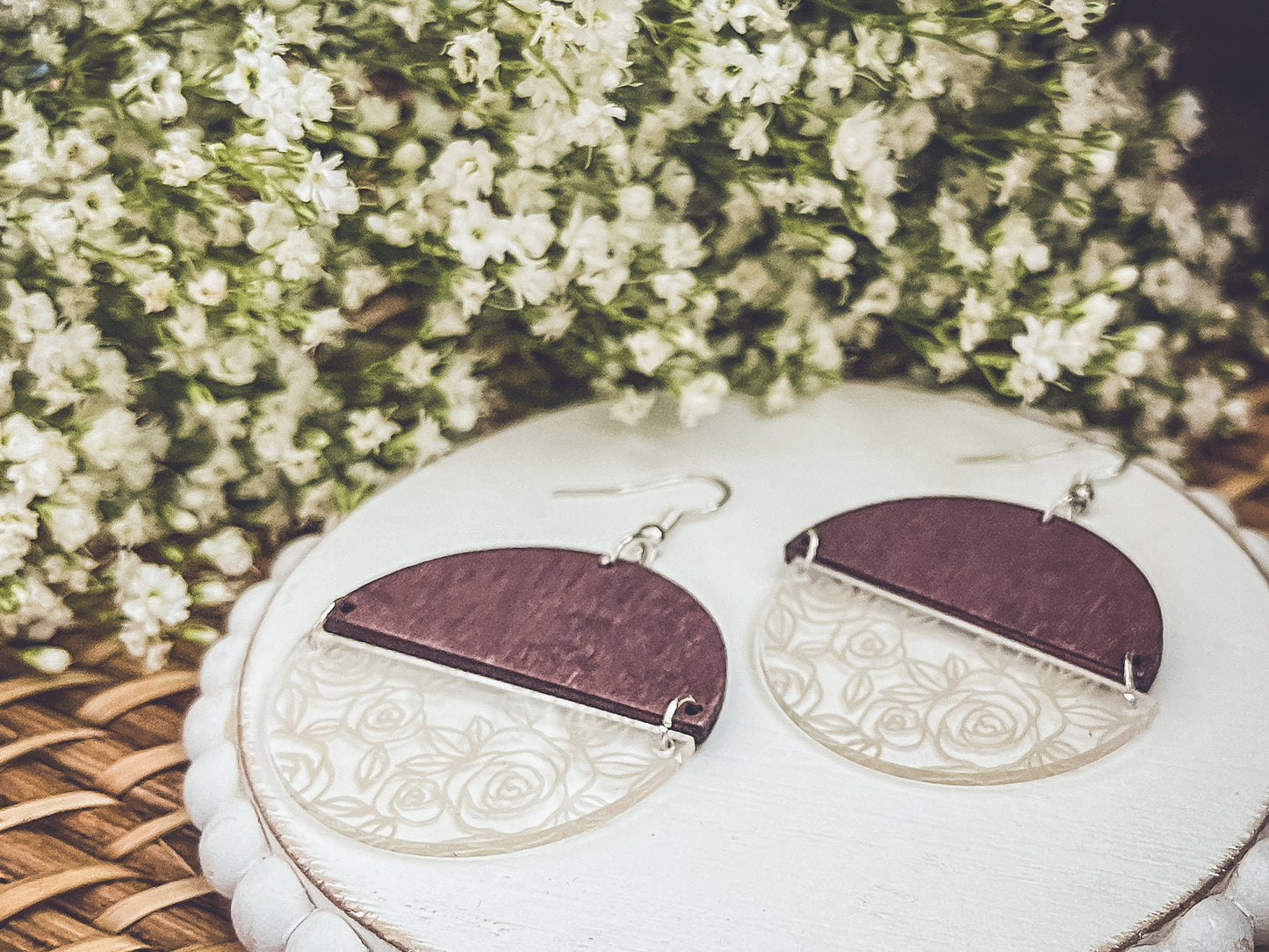 Wood Acrylic Rose Flower Earrings