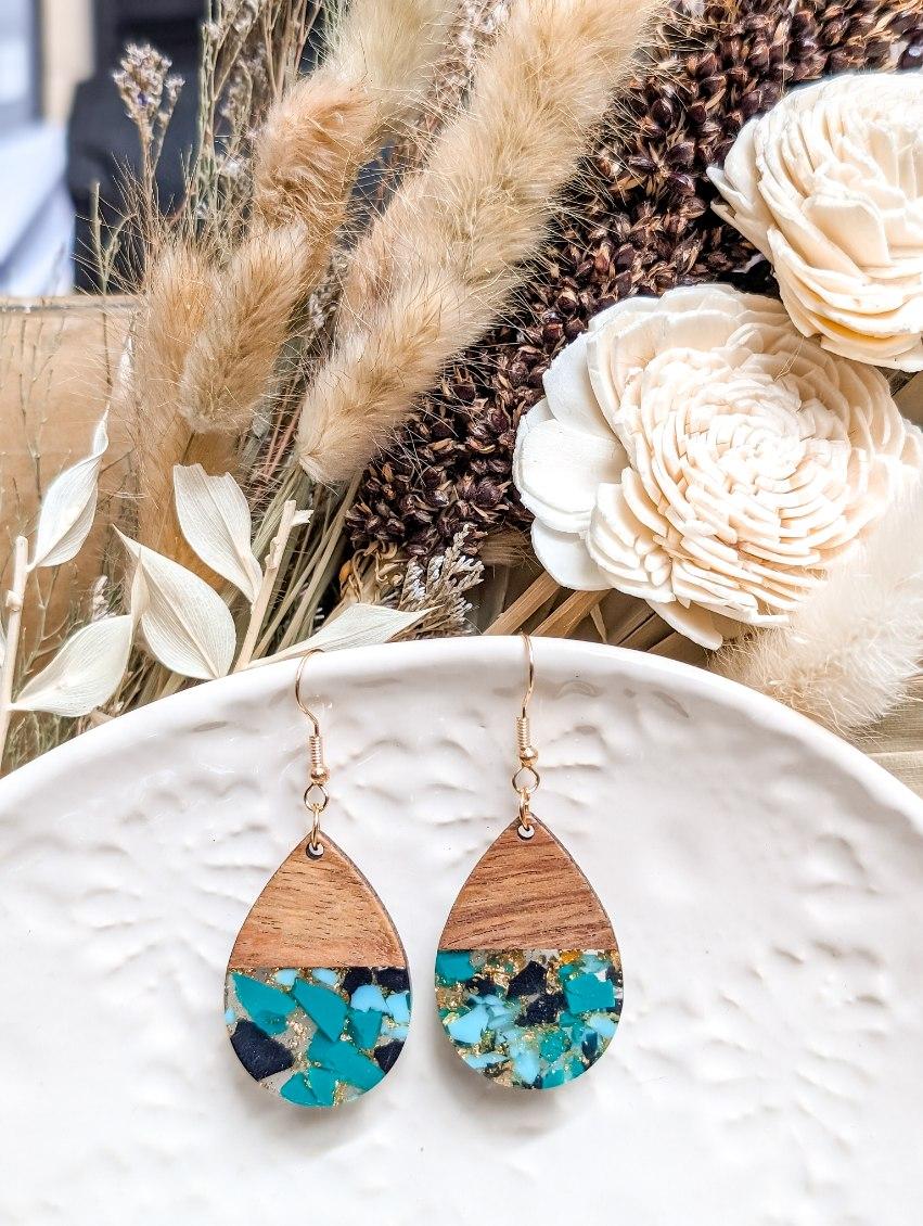 Beautiful Wood and Resin Mint and Black Earrings