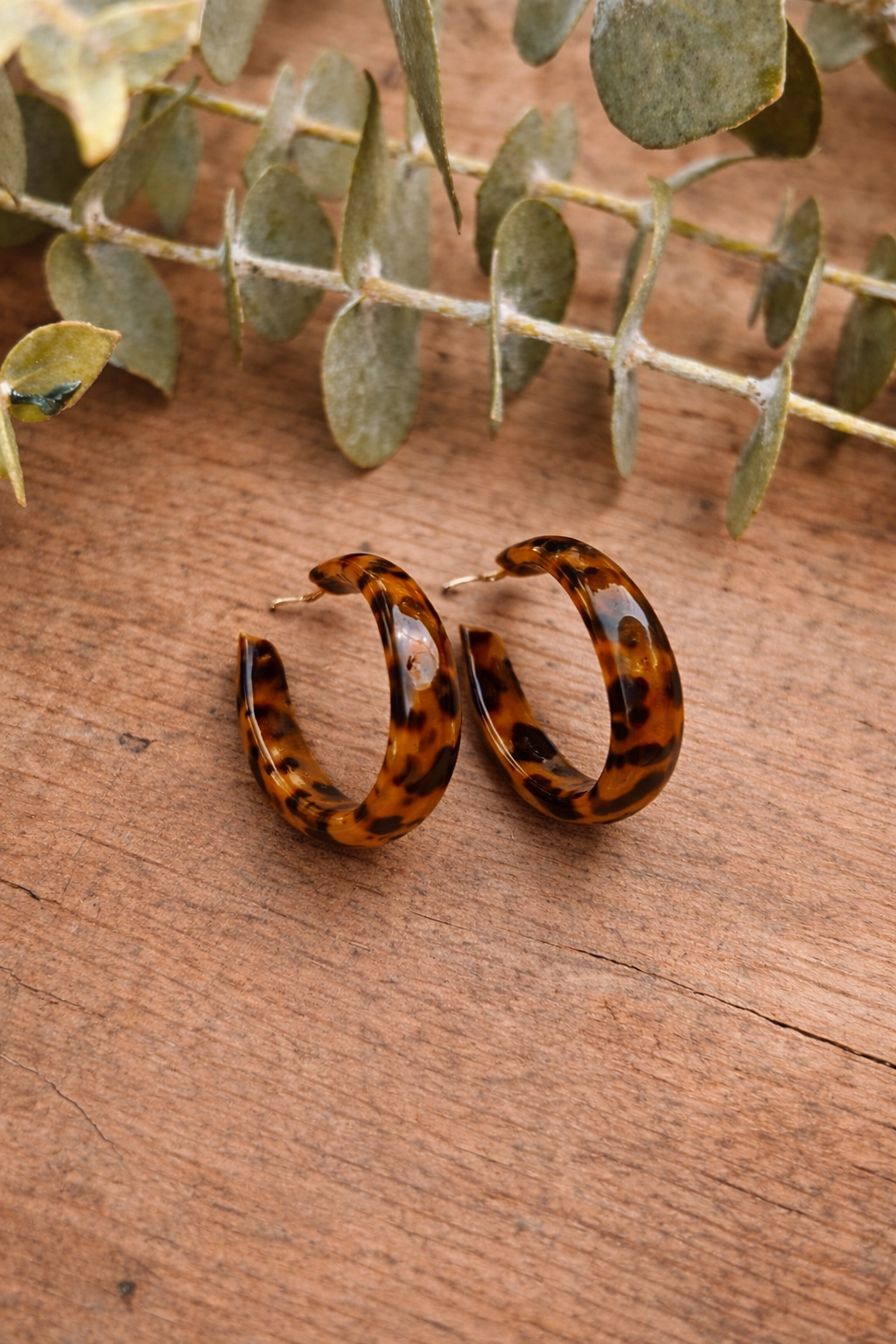 Photograph of a pair of C-shaped tortoiseshell hoop earrings resting on a rustic wooden surface with soft green eucalyptus leaves
