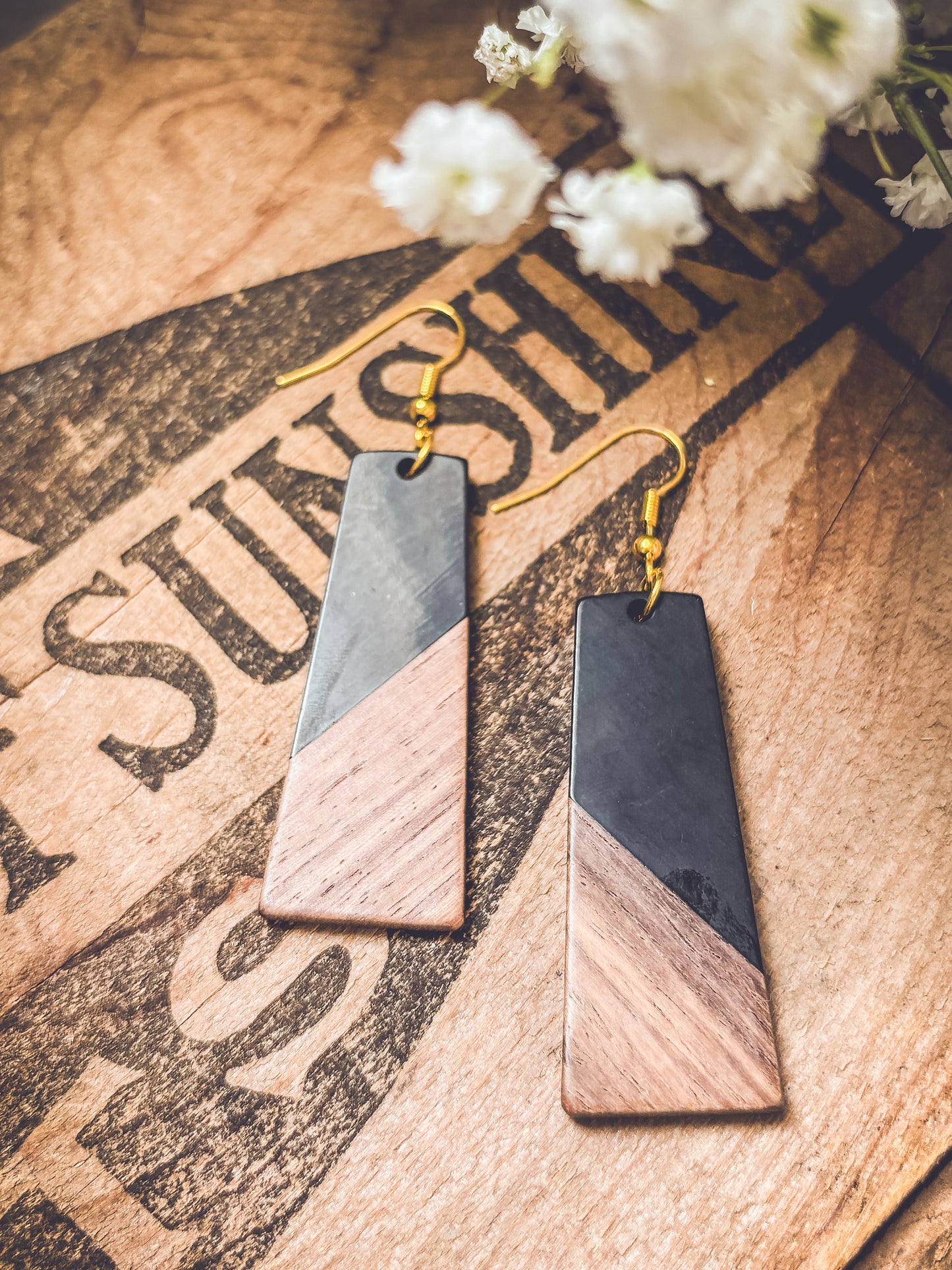 Beautiful Black Resin and Wood Earrings