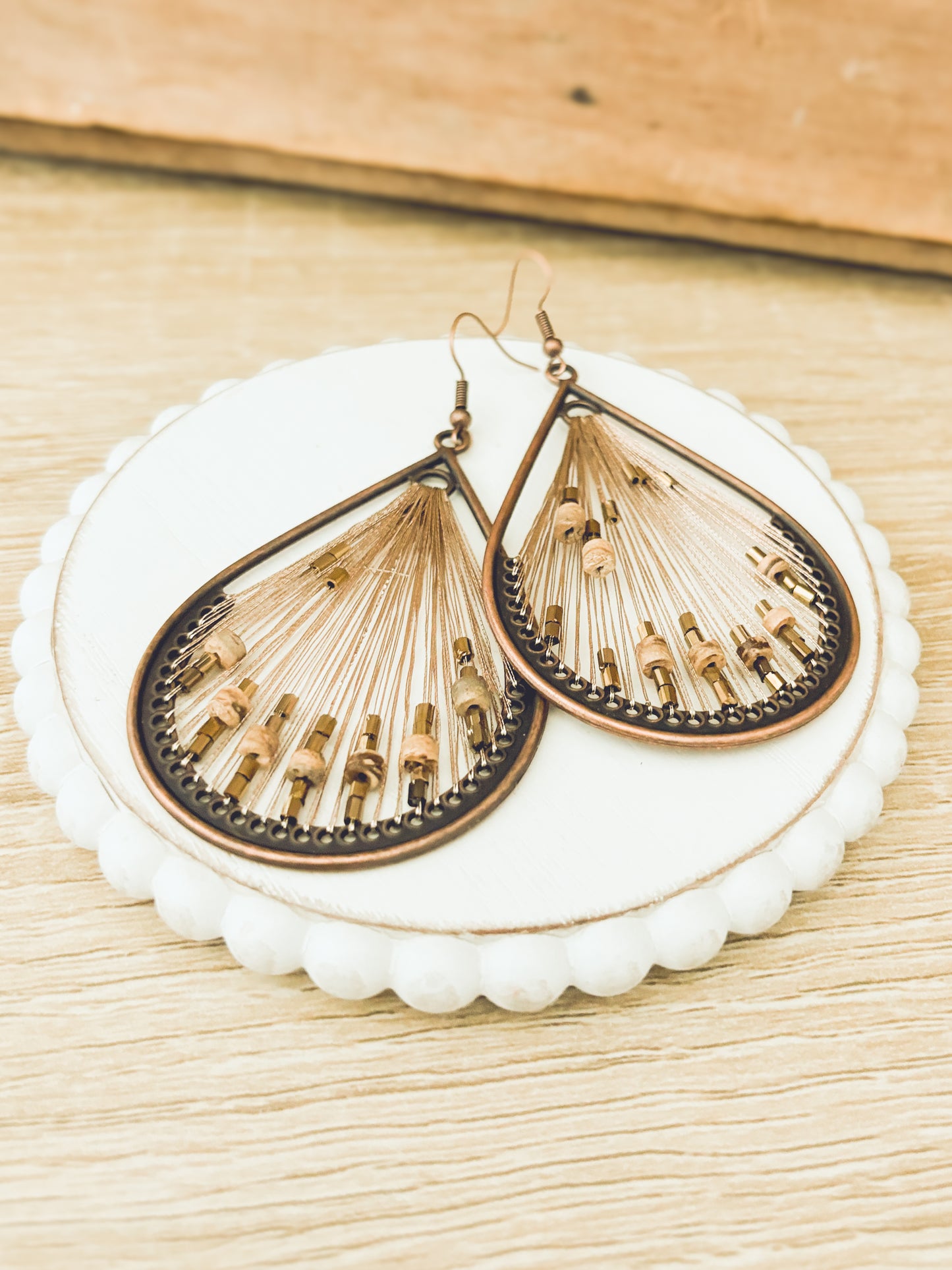 Large String and Wood Drop Earrings