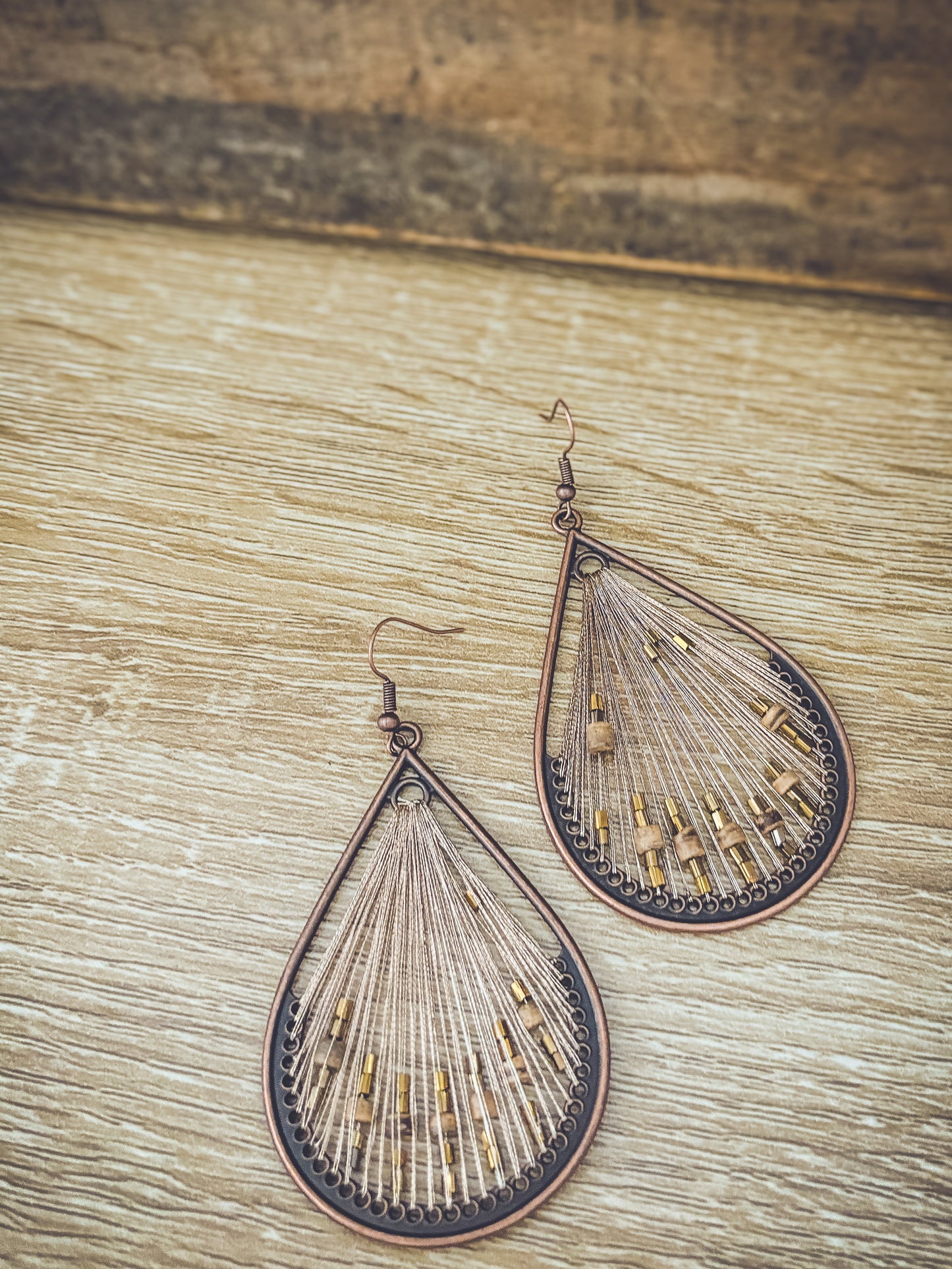 Large String and Wood Drop Earrings