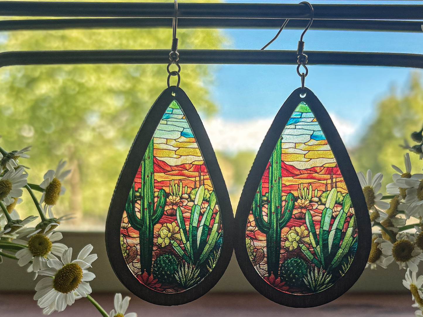 Beautiful Wood and Stained Glass Effect Earrings