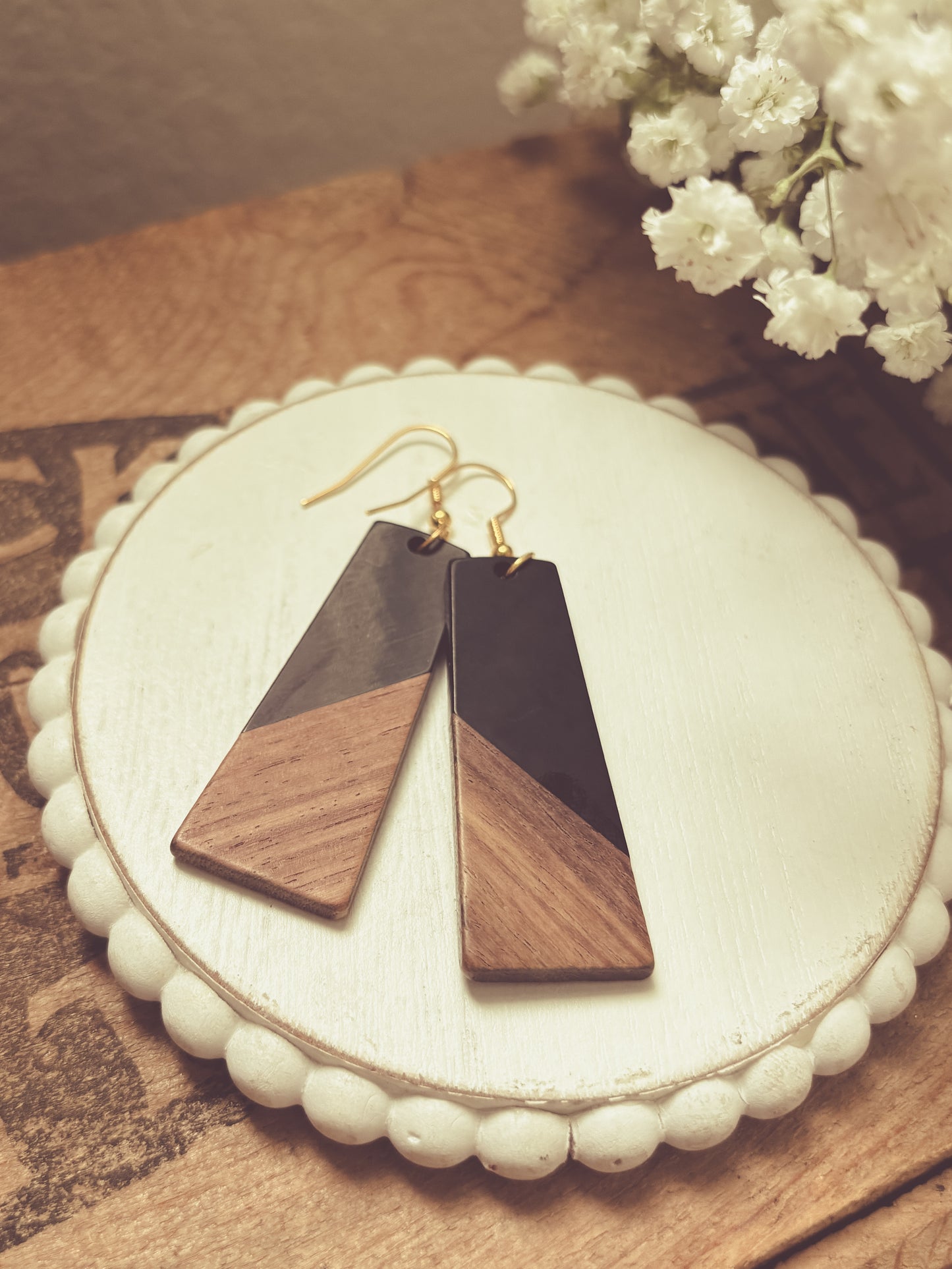 Beautiful Black Resin and Wood Earrings