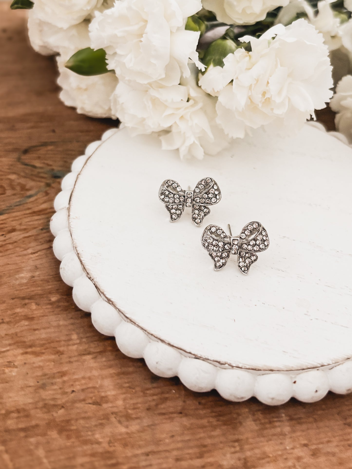 Adorable Silver Rhinestone Bow Earrings