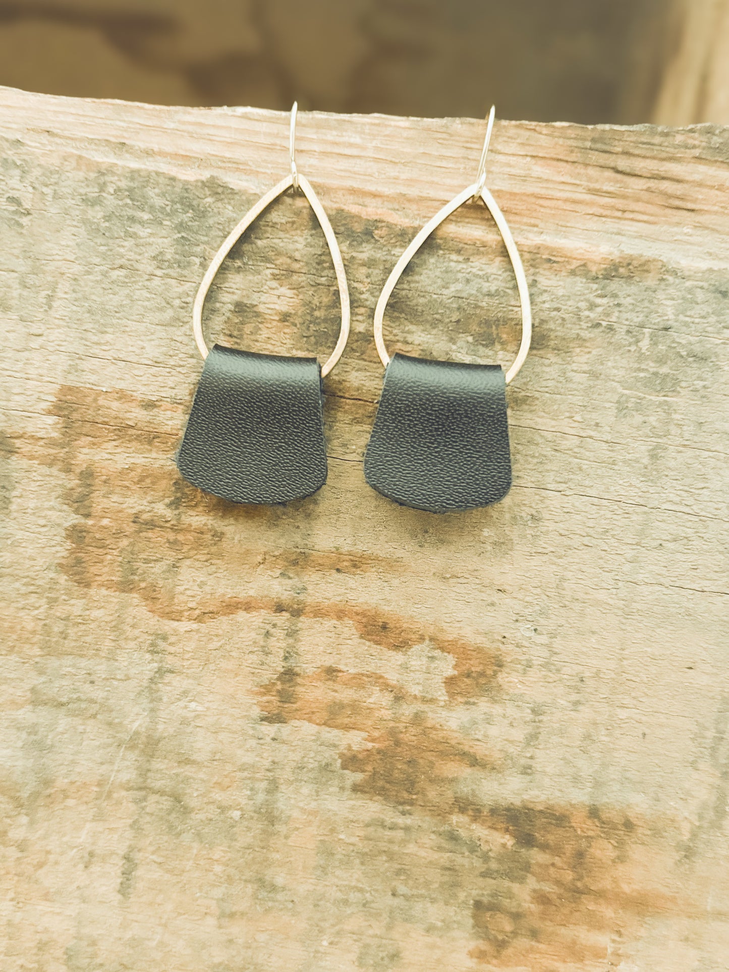 Dainty Boho Black Leather Drop Earrings