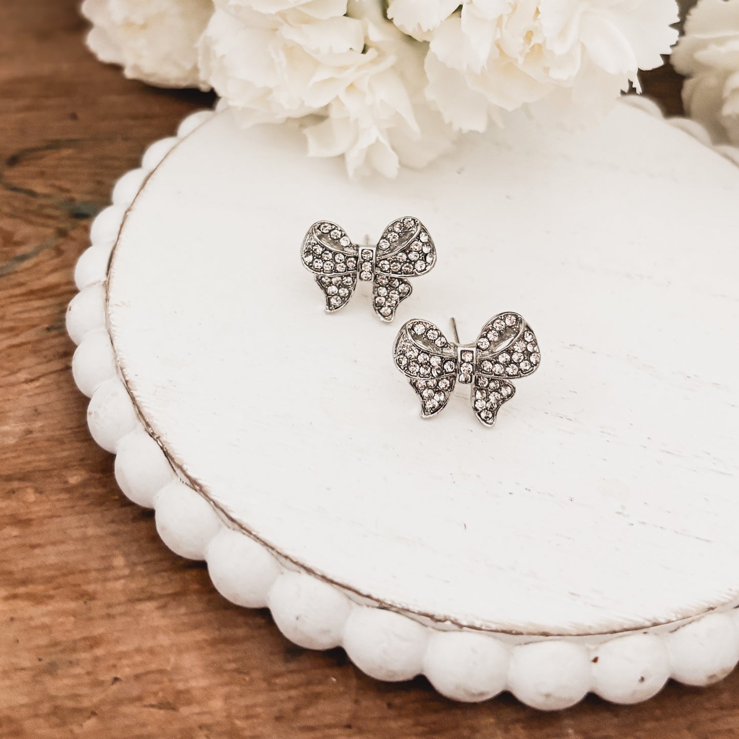 Adorable Silver Rhinestone Bow Earrings