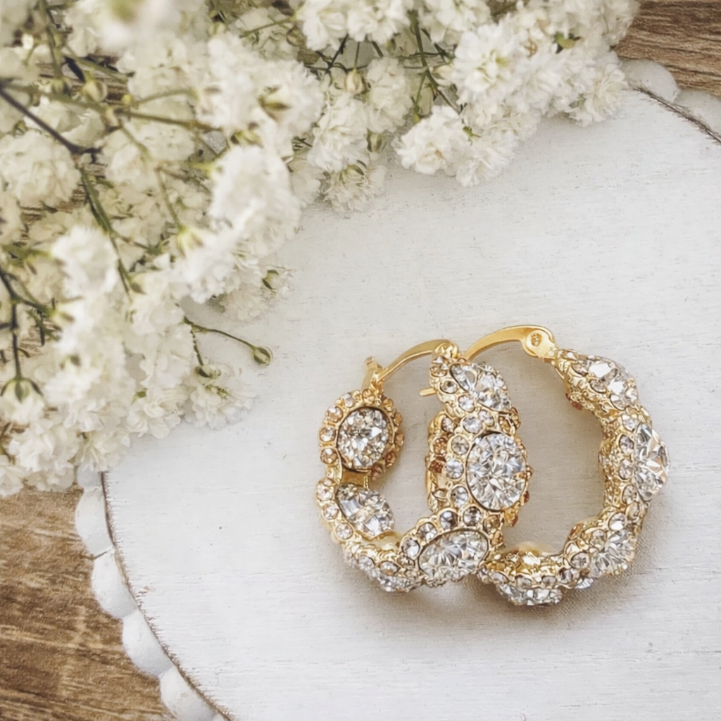 A pair of gold hoop earrings completely encrusted with sparkling clear rhinestones displayed on a white scalloped wooden tray with delicate white baby's breath flowers in the upper left background