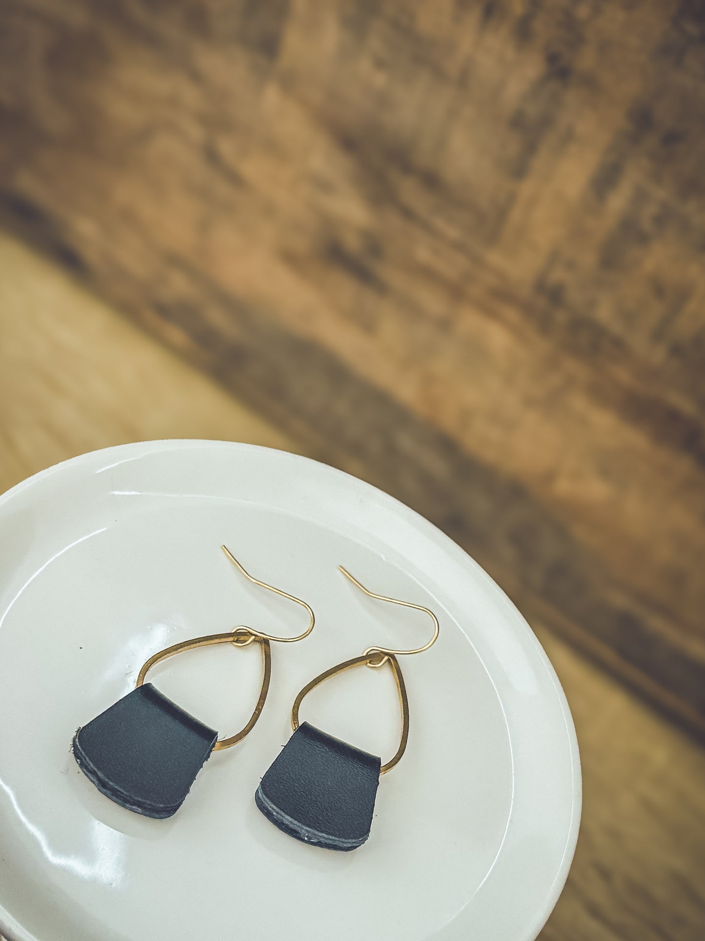 Dainty Boho Black Leather Drop Earrings