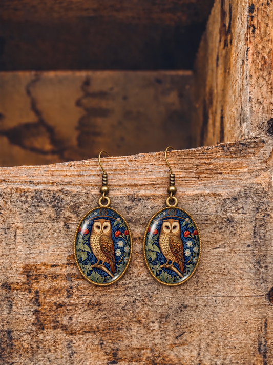 Vintage Owl Botanical Drop Earrings