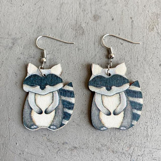 Adorable Wood Raccoon Earrings