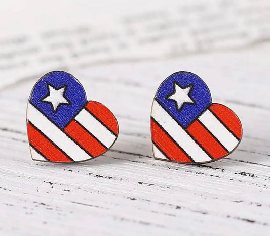 Beautiful Red, White, and Blue Wooden Heart Flag Earrings