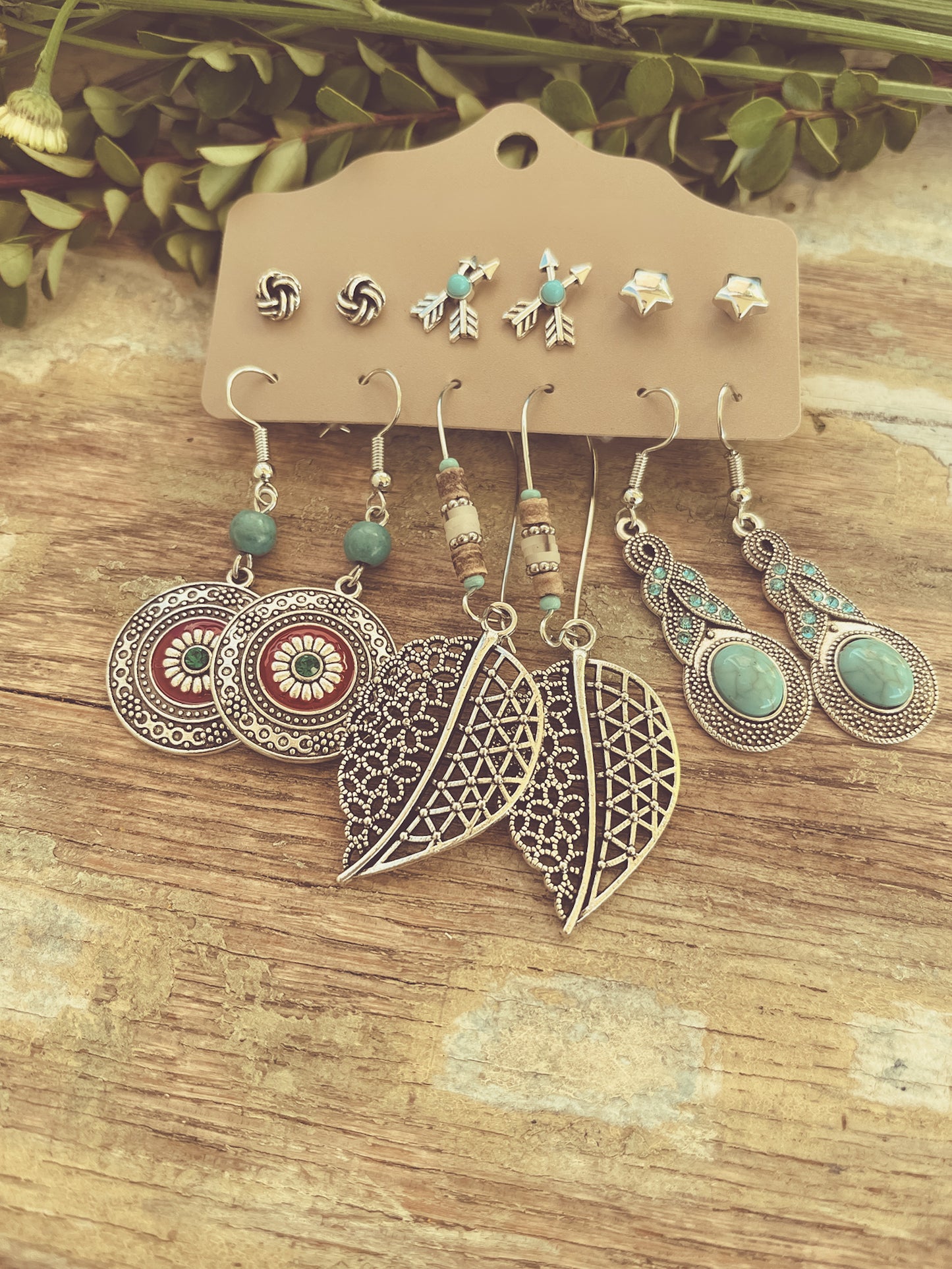 Beautiful Turquoise and Silver Boho Earring Set - Set of 6