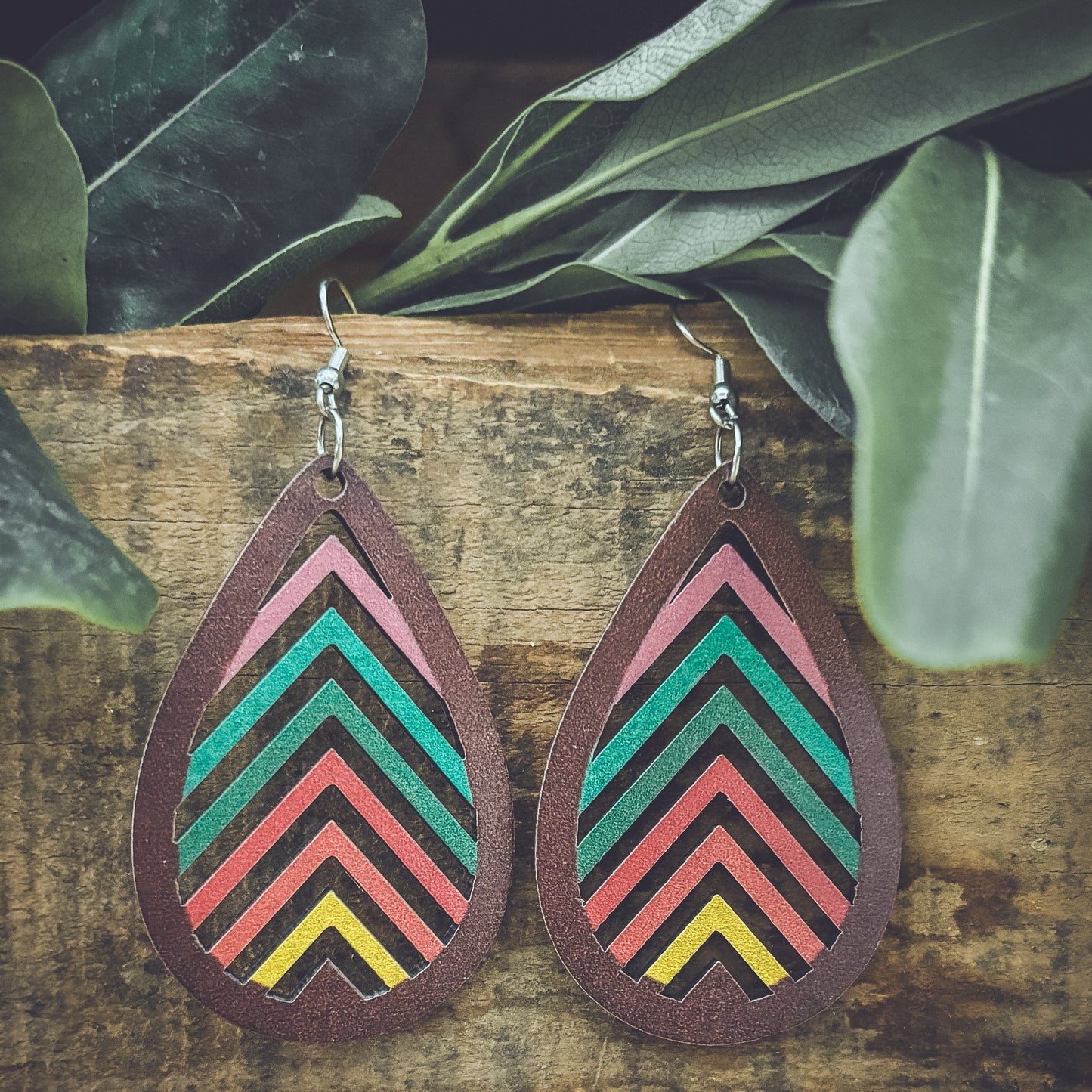 Wooden Rainbow Mountains Laser Cut Earrings
