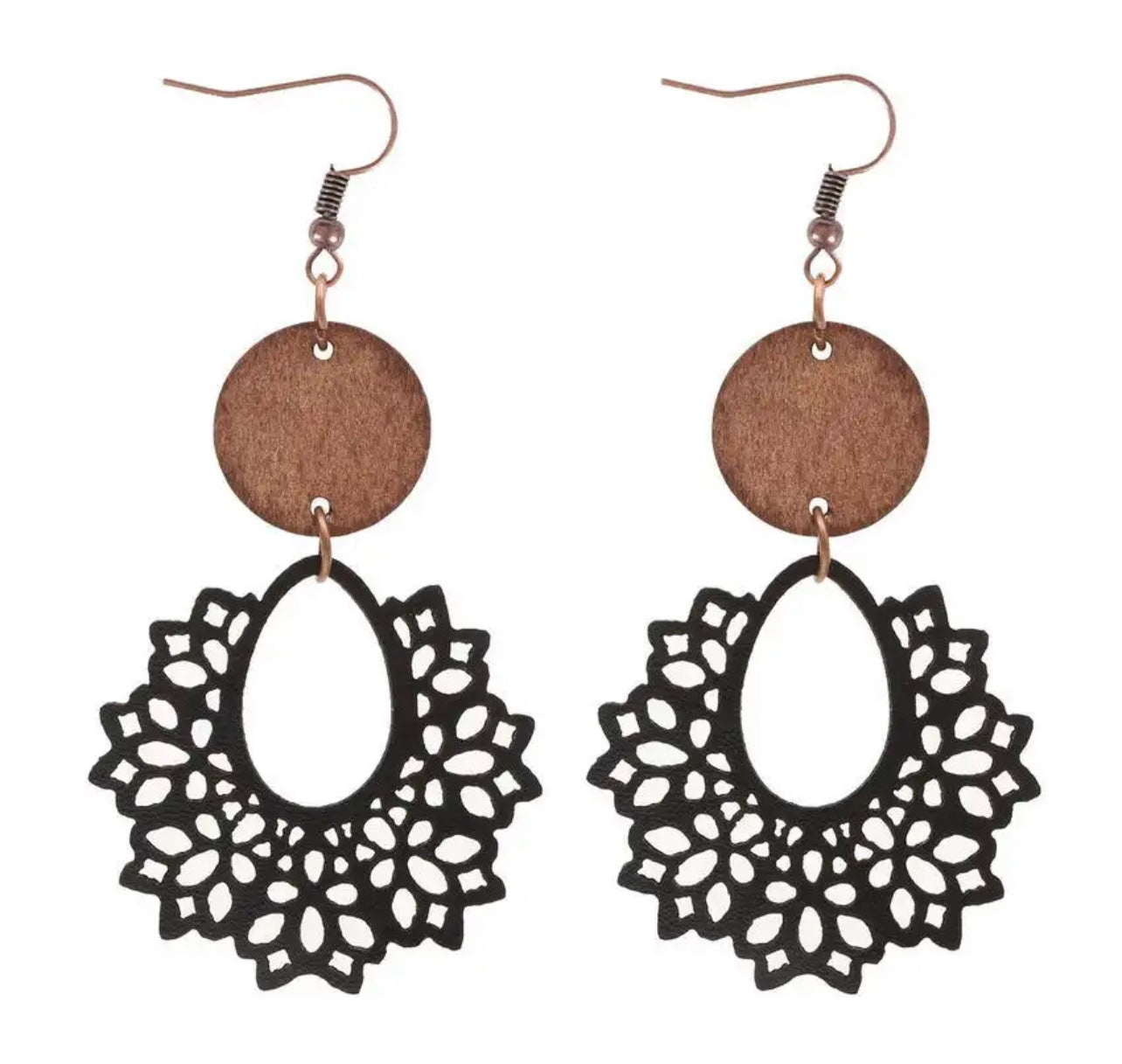 Beautiful Black Leather and Wood Earrings