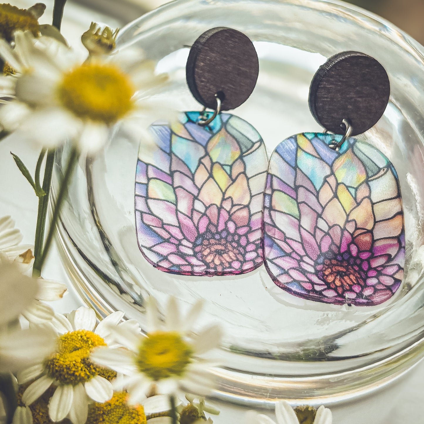 Beautiful Wood and Stained Glass Effect Earrings