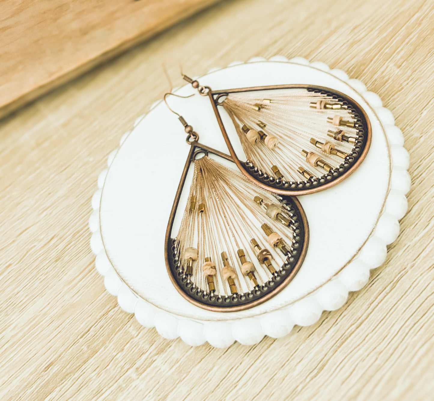 Large String and Wood Drop Earrings