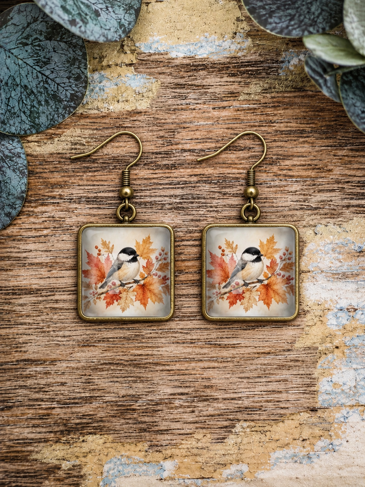 Autumn Chickadee Drop Earrings