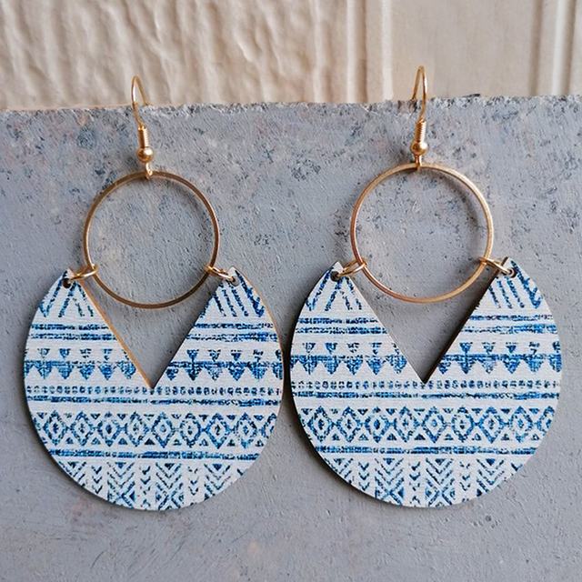 Geometric Pattern Circle Wood Earrings