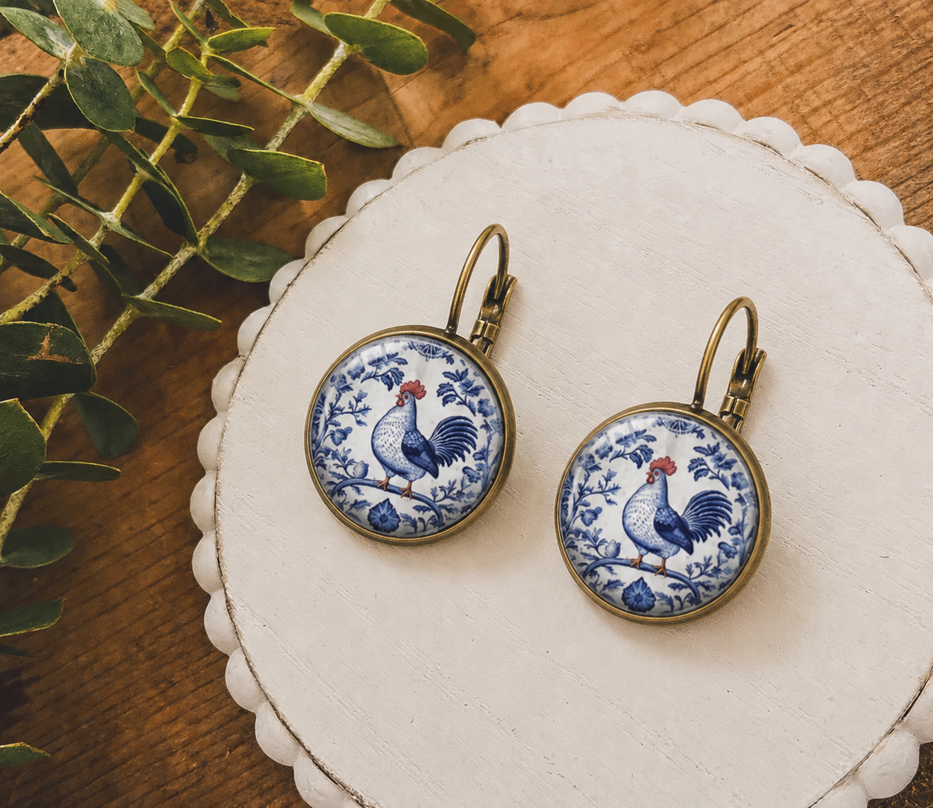 Blue Willow Rooster Earrings