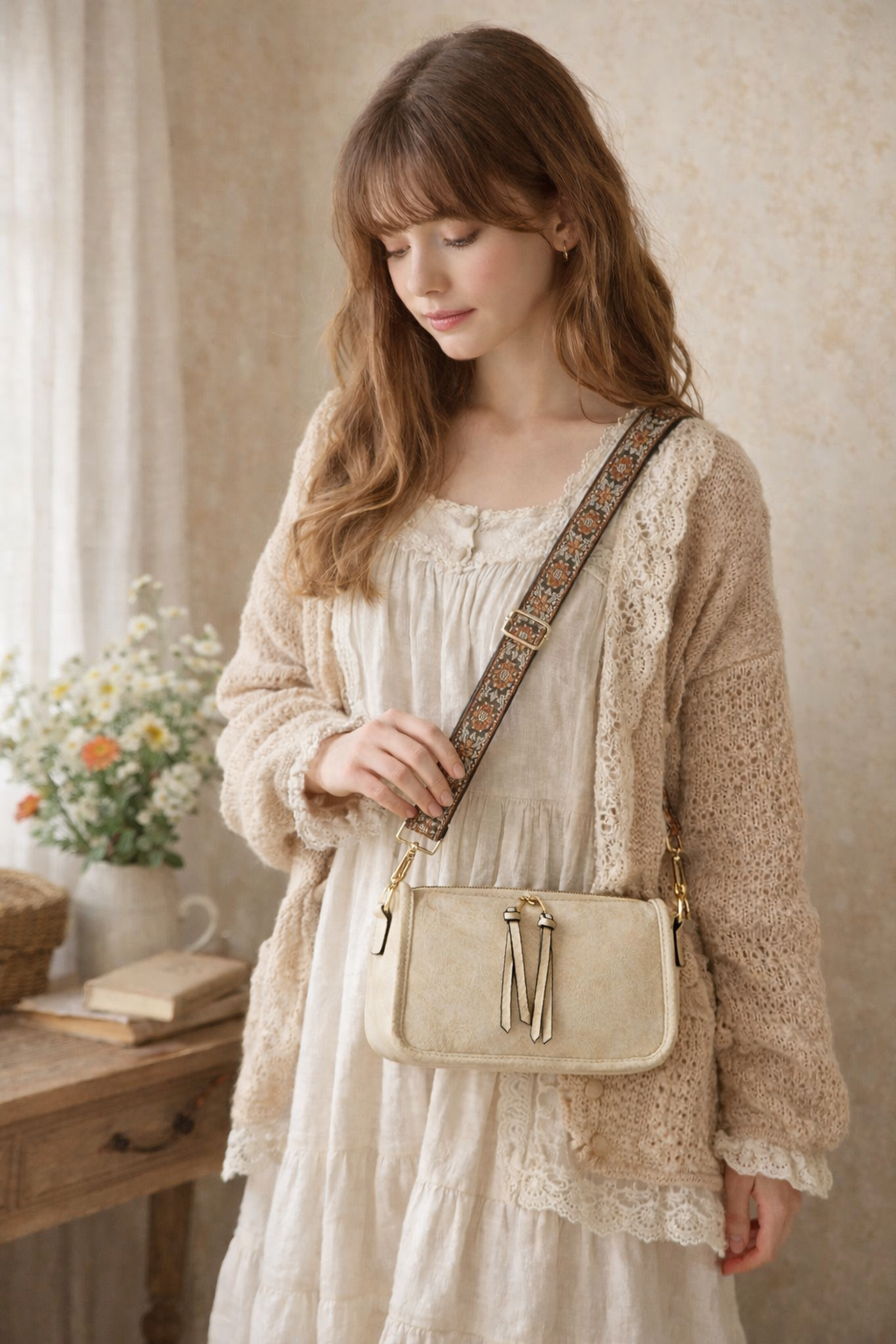 A young woman wearing a beige knitted cardigan over a white lace-trimmed dress and holding a cream crossbody bag with a richly patterned strap in a softly lit rustic room featuring a wooden table with a pitcher of white and orange flowers