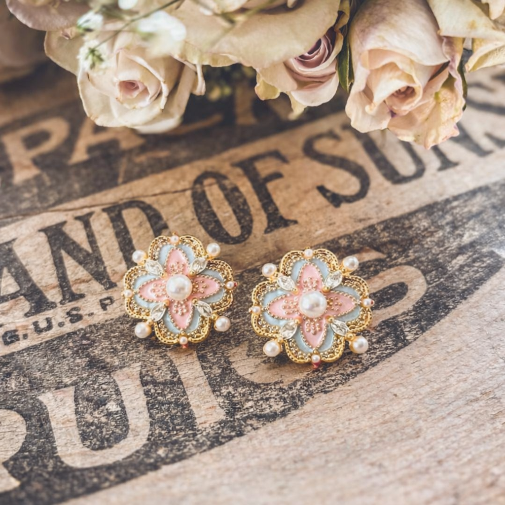 A pair of ornate gold filigree earrings featuring pink and pale blue enamel, a central pearl, and surrounding rhinestones resting on a rustic wooden surface with faded black letterpress text beneath a soft-focus bouquet of dried light pink roses