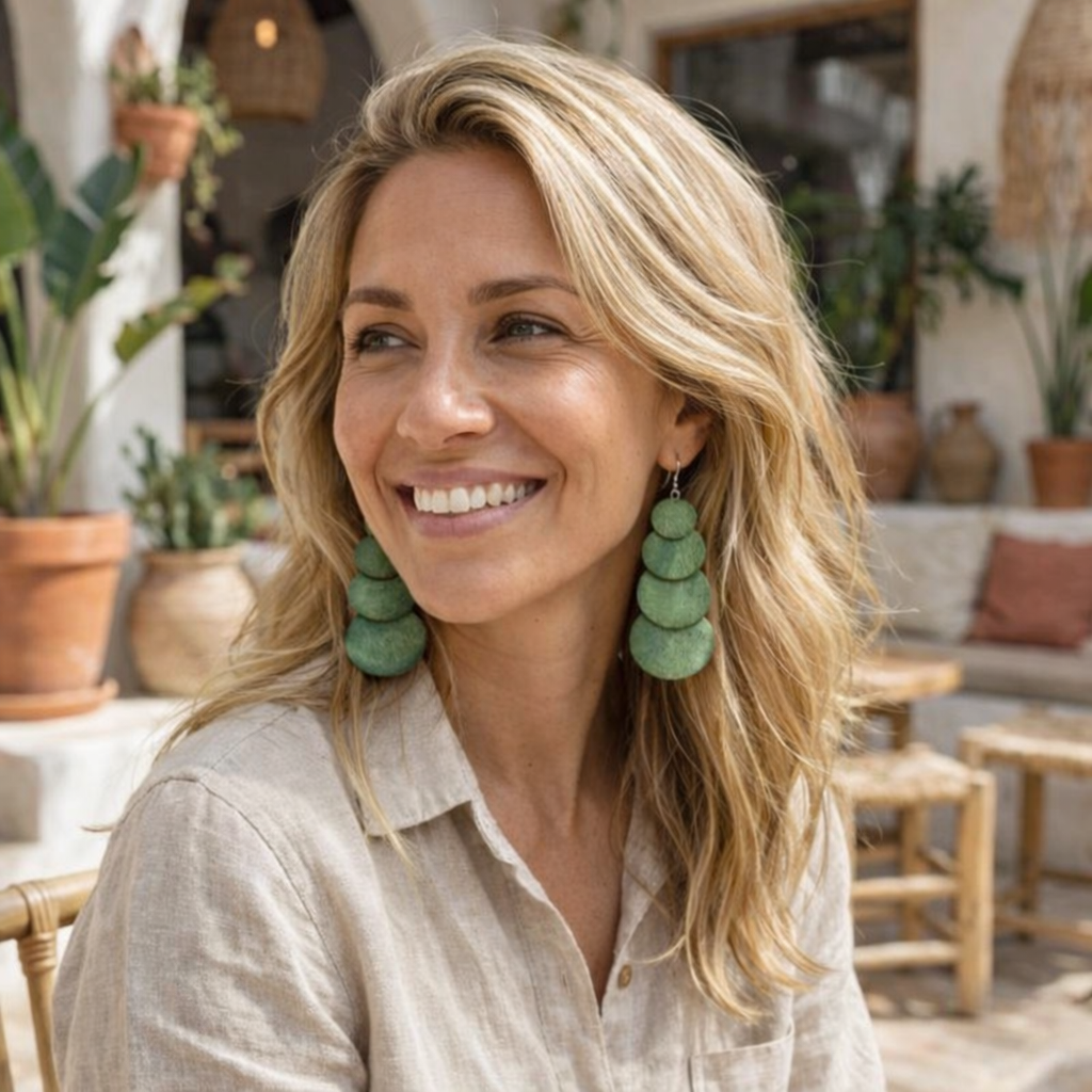 A smiling blonde woman with a beige linen shirt and tiered green disk earrings is in an outdoor cafe patio featuring lush potted plants and rustic wicker decor
