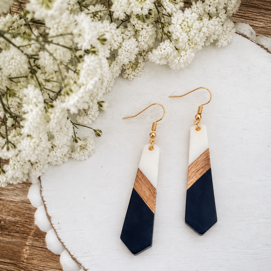 Beautiful Slim Black and White Resin Wood Earrings