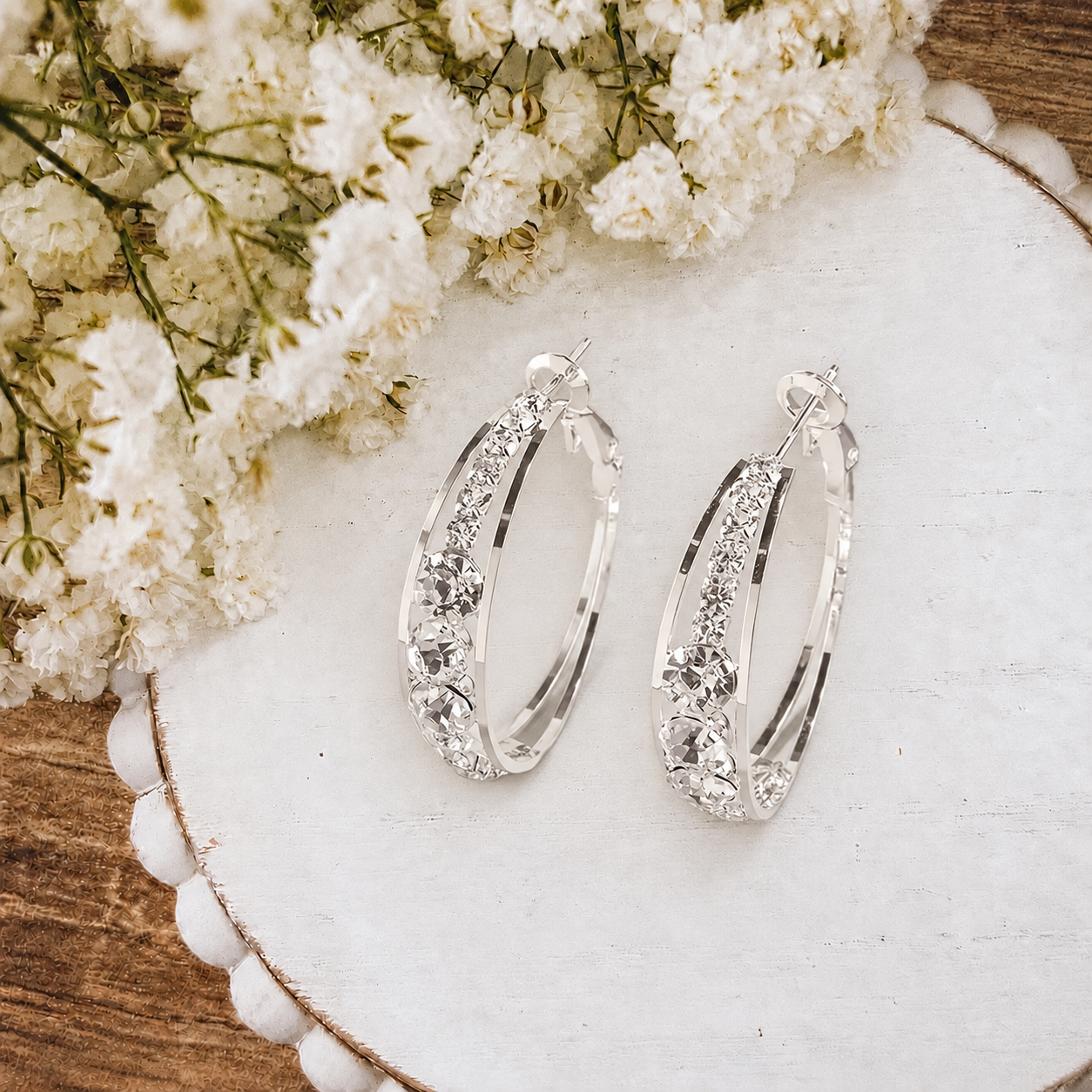 Crystal Accent Silver Hoop Earrings
