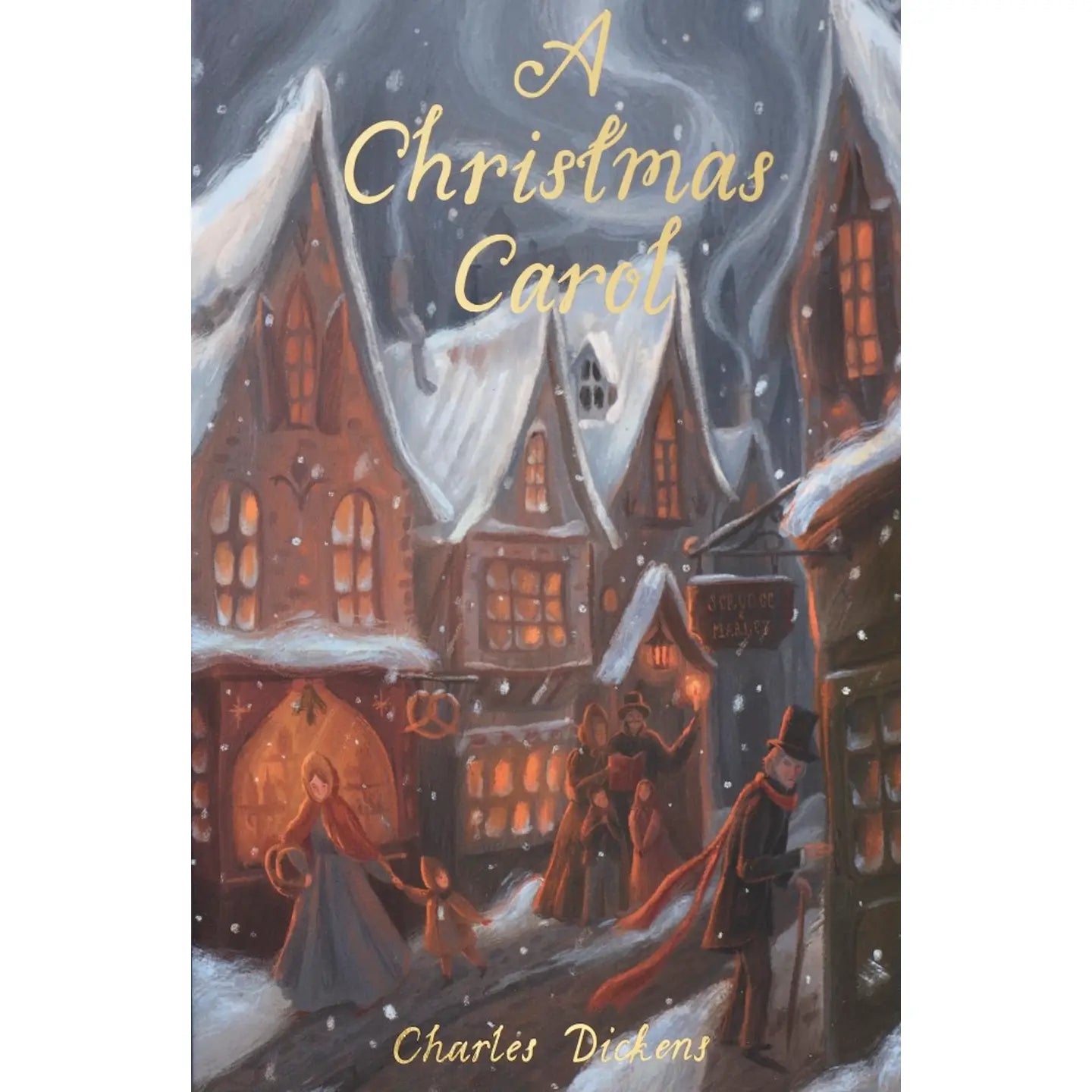 Illustration for *A Christmas Carol* by Charles Dickens depicting a snowy Victorian London street at night with warm glowing windows, falling snowflakes, a prominent "Scrooge & Marley" sign, and a man in a top hat with a long red scarf passing carolers and a mother and child by a bakery