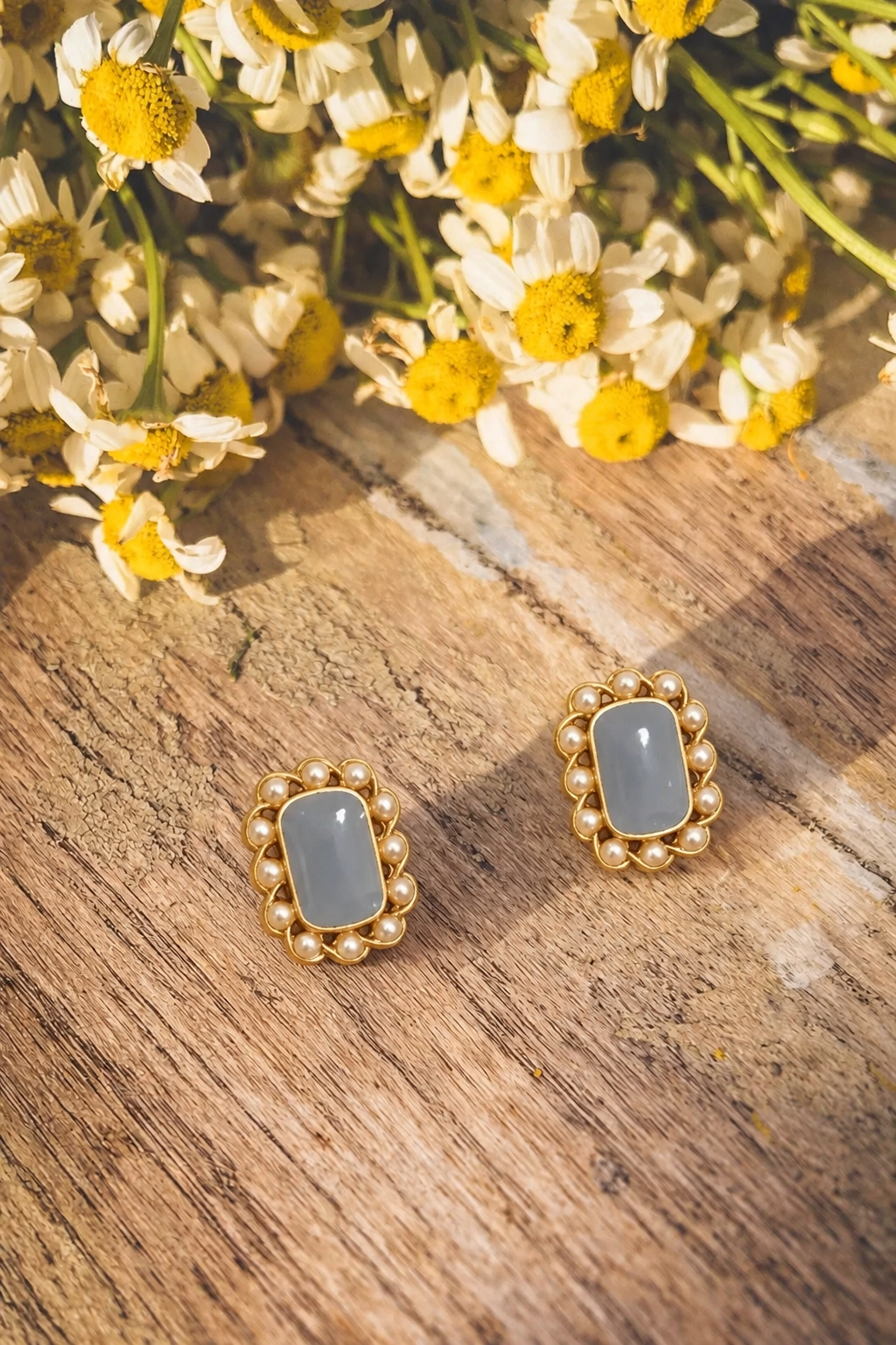 Pearl Halo Blue Gray Stud Earrings