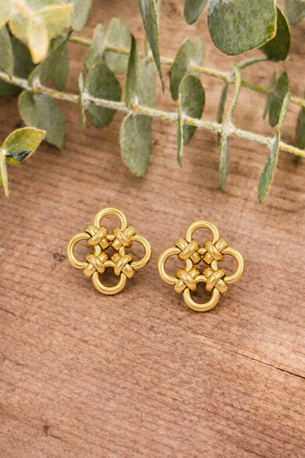 Gold knot design stud earrings displayed on rustic wood with soft green eucalyptus sprigs