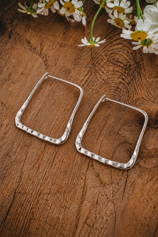 Hammered Silver Square Hoop Earrings